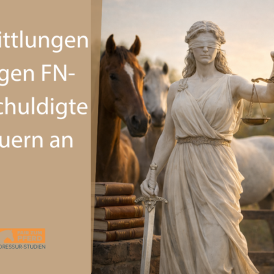 Justizia als Statur, im Hintergrund zwei Pferde, die ihr über die Schulter schauen.